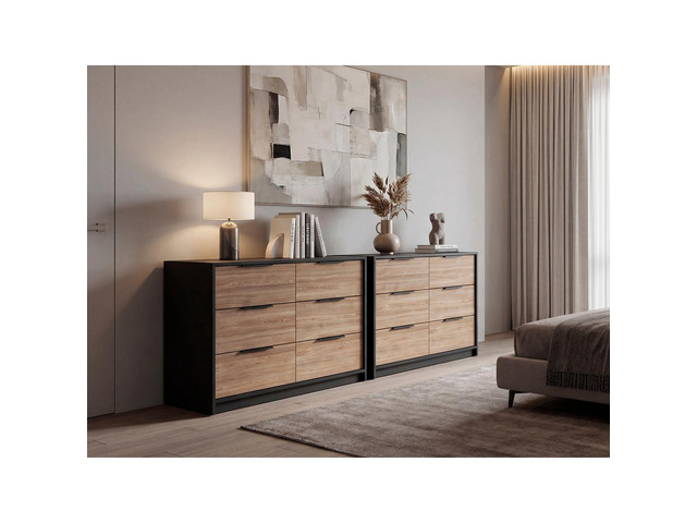 Wenge and Pine 4-Drawer Dressers with Open Shelf, Set of 2
