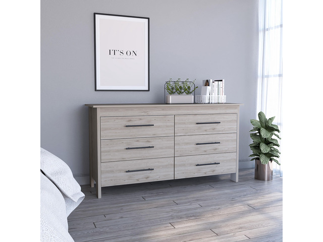 Hms 6 Drawer Double Dresser, Four Legs, Superior Top, Six Drawers -Light Gray