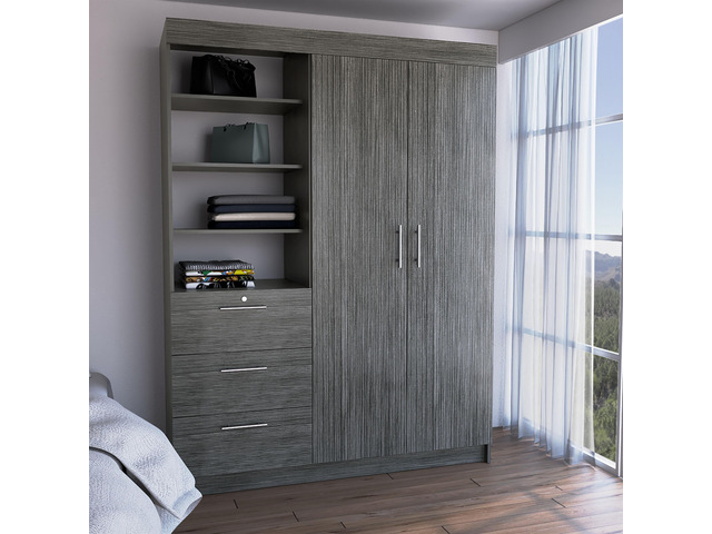 Kenya Armoire with Double Door, Three Drawers, 3-Tier Shelf and double hanging Rod Smokey Oak