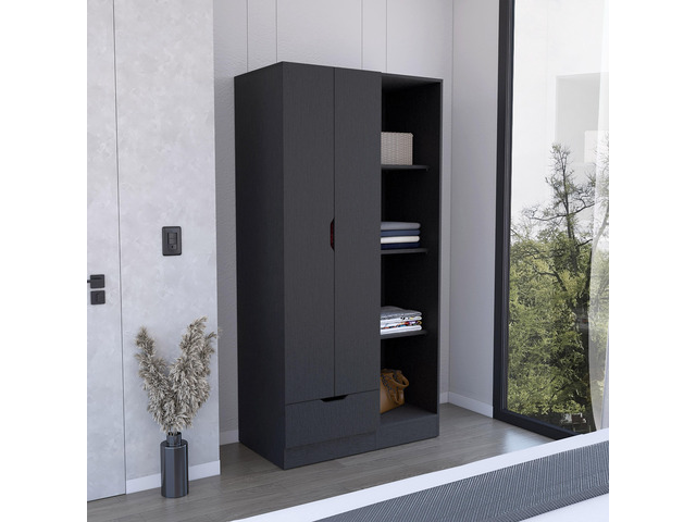 Memphis Wardrobe Armoire with 4-Tier Storage Shelves and 1 Drawer Black