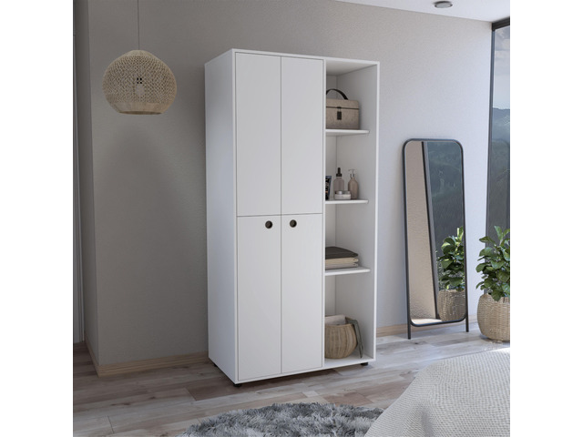 Misuri Wardrobe Armoire with Double Door, Drawer, Hanging Rod, and Open Shelves White