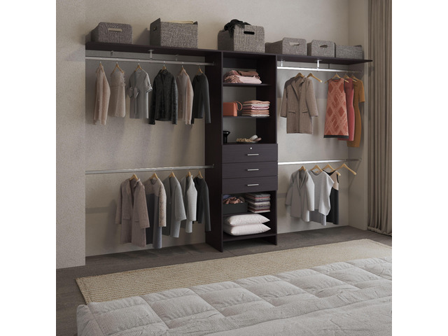 Plego 69'W - 118'W Drawers Closet System, Five Shelves, Four Hanging Rods, Three Drawers Black Wengue