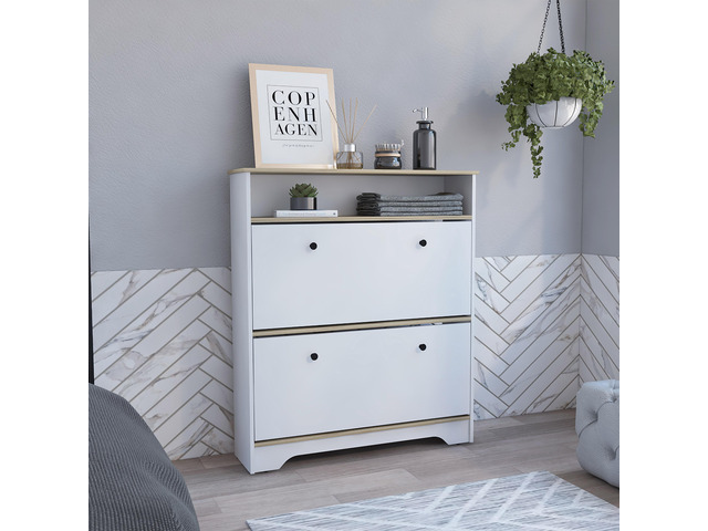 Shoe Rack 46' H, One Open Storage Shelf, Two Internal Storage Drawers, Two Doors, Light Oak / White