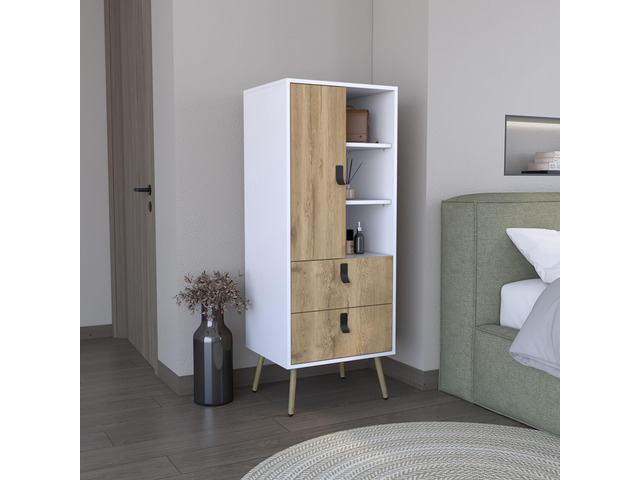 Dresser 52'H Stylish Bedroom Storage Solution with 3 Open Shelves, 2 Drawers, and 1 Door, White / Macadamia