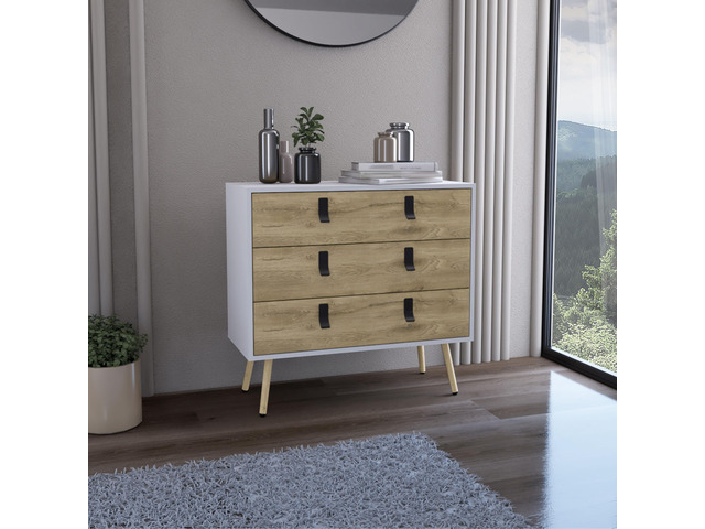 Dresser 29'H, 3 Drawers Dresser with Handles and Wooden Legs, White / Macadamia