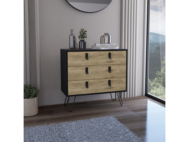 Dresser 29' H, 3-Drawer organiser, Modern Chest of Drawers with Hairpin Legs and Metal Accents, Black / Macadamia
