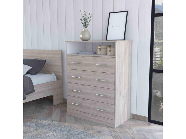 Lagos Four Drawer Dresser, One Shelf, Superior Top, Light Grey and White