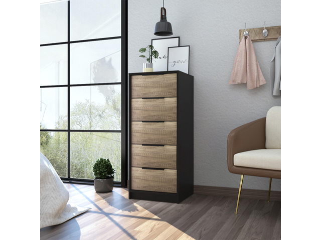 Kaia 5 Drawer Dresser, Vertical Dresser -Black / Pine