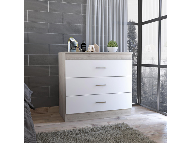 Melia Three Drawer Dresser, Superior Top, Metal Hardware -Light Gray / White