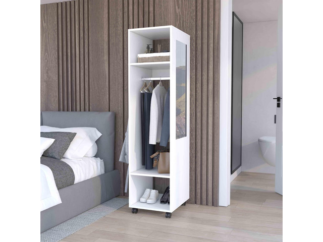 Cluster 63' Tall Wardrove with Mirror, Three Shelves, Casters and Hanging Rod, Armoire, Bedroom Clothes Storage, Cabinet Organizer White