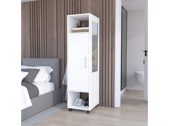 Cluster 63' Tall Wardrove One-Door Cabinet with Mirror, Three Shelves, Casters and Hanging Rod, Armoire, Bedroom Clothes Storage, Cabinet...