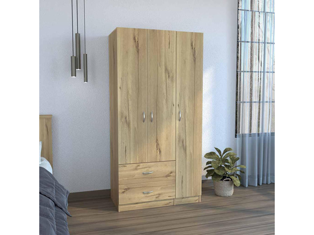 Austral 3 Door Armoire with Drawers, Shelves, and Hanging Rod -Light Oak / Black