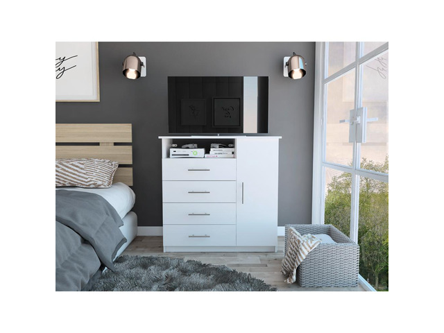 Peru 4 Drawer Dresser, Single Door Cabinet, One Open Shelf, Superior Top -White