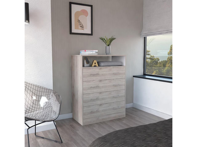 Peru L Four Drawer Dresser, Superior Top, One Open Shelf -Light Gray / White