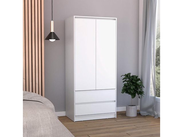 Austin 2 Drawers Armoire, Double Door, Hanging Rod -White