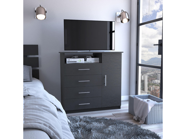 Peru 4 Drawer Dresser, Single Door Cabinet, One Open Shelf, Superior Top -Black