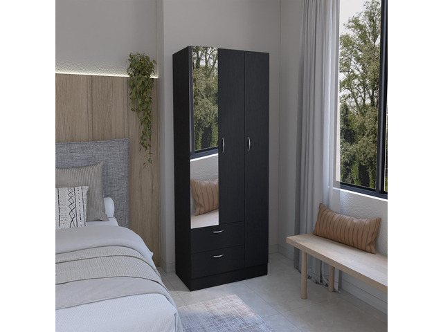 Riverside 3 Door Mirrored Armoire with Two Drawers, Four Shelves, and Hanging Rod Black