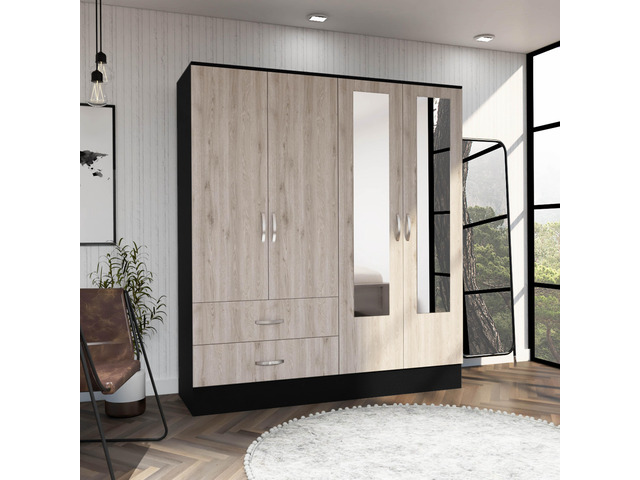 Bolton 160 Armoire, Six Shelves, Two Double Door Cabinets, Two Mirrors, Two Drawers, Rod Black / Light Gray