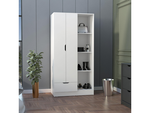 Memphis Wardrobe Armoire with 4-Tier Storage Shelves and 1 Drawer White