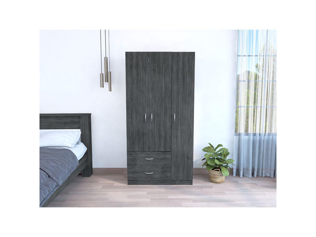 Austral 3 Door Armoire with Two Drawers, Shelves, and Hanging Rod - Smokey Oak . White