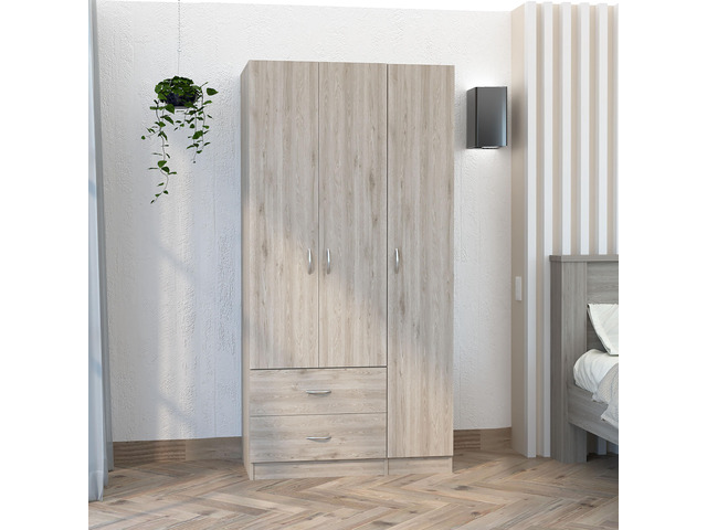 Austral 3 Door Armoire with Two Drawers, Shelves, and Hanging Rod - Light Gray