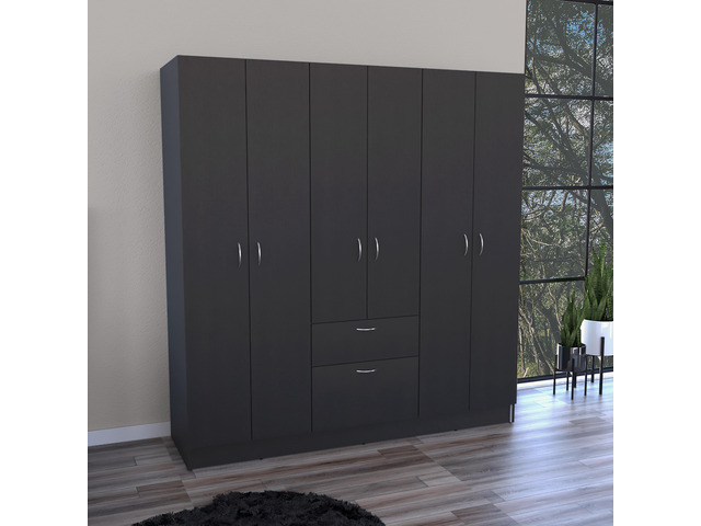 Mitu Six Doors Armoire, Seven Interior Shelves, One Drawer, Rod Black / White