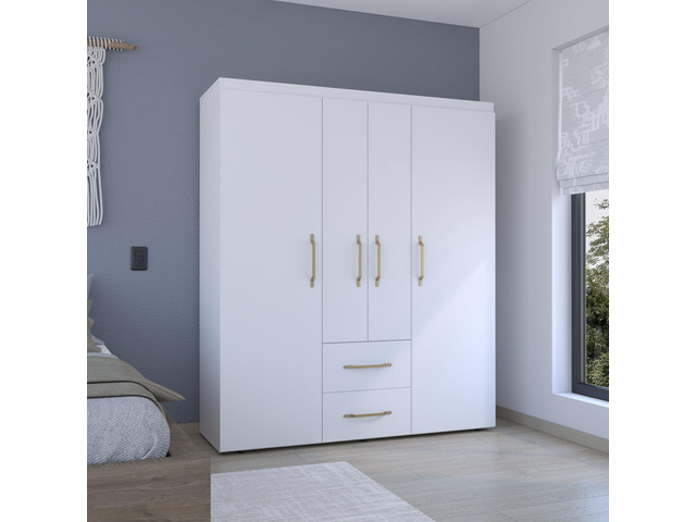 Bariloche Wardrobe, Multi-Section Storage with Hanging Rods, Shelves, and 2 Drawers White