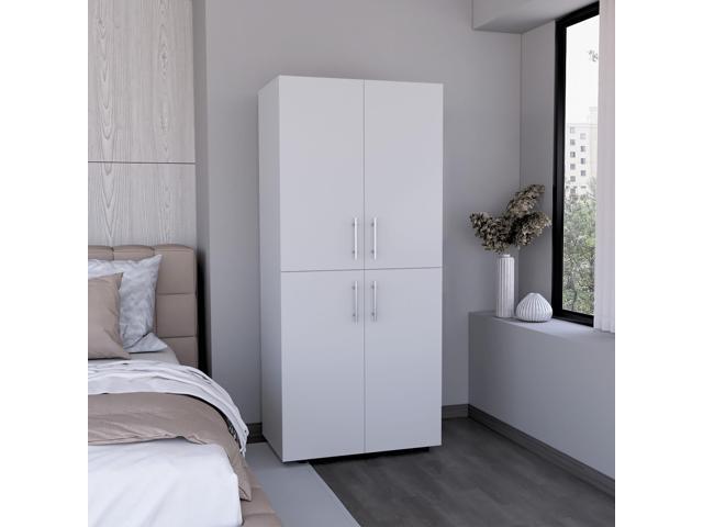 Hazel 70' High Four-Door Armoire Wardrove Closet Cabinet, Six Shelves and Two Hanging Rods, Bedroom Clothes Storage Cabinet Organizer White