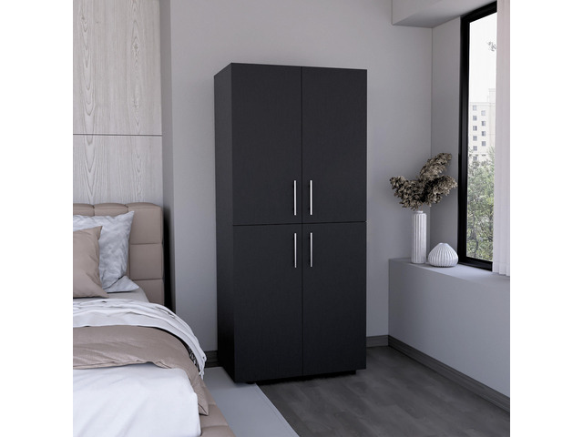 Hazel 70' High Four-Door Armoire Wardrove Closet Cabinet, Six Shelves and Two Hanging Rods, Bedroom Clothes Storage Cabinet Organizer Black