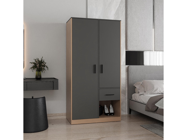 Alder 2-Door One Drawer Amoire with 2 Cabinets, Two Hanging rods and Four Shelves in Matt Gray and Natural Oak