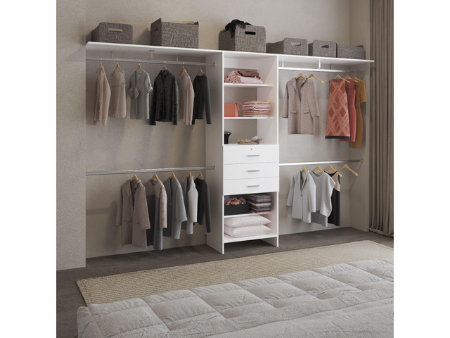 Plego 69'W - 118'W Drawers Closet System, Five Shelves, Four Hanging Rods, Three Drawers White