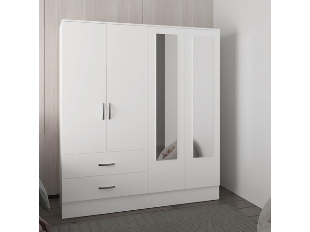 Bolton 160 Armoire, Six Shelves, Two Double Door Cabinets, Two Mirrors, Two Drawers, White