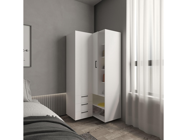 Toulouse Corner Armoire With Double Doors And Interior Shelves, Space-Saving Wardrobe, White