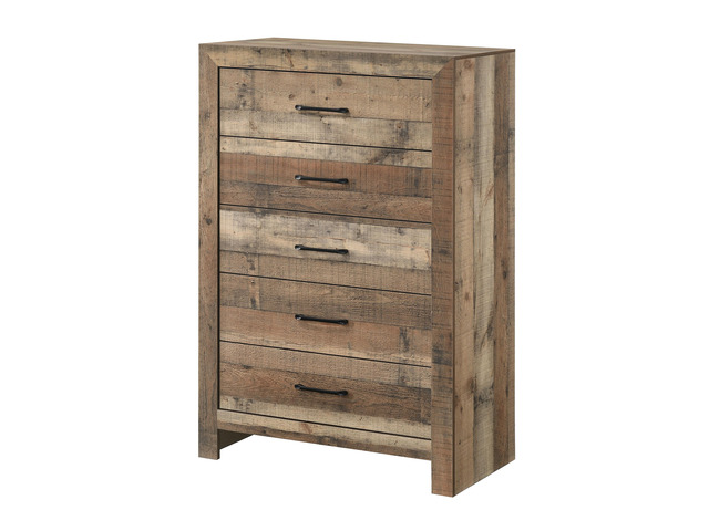 1pc Rustic Plank-Style Rich Natural Finish Five Drawers Tall Chest Wooden Bedroom Furniture Contemporary Modern Transitional