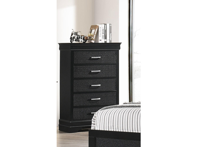 Modern 1pc Black Finish 5-Drawer Tall Chest Wooden Textured Finish Crystal Tufted Handle Furniture