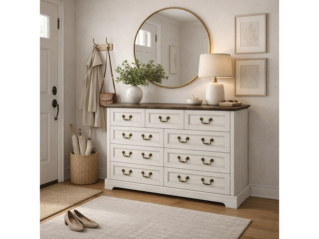 Farmhouse 9-Drawer Dresser, Rustic Wooden Chest of Drawers with Metal Handles, Wide Storage Dresser TV Stand for Bedroom, Living Room, Hallway,...