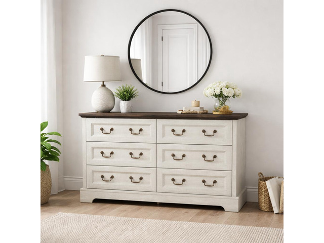 Farmhouse 6-Drawer Dresser, Rustic Wooden Chest of Drawers with Metal Handles, Wide Storage Dresser TV Stand for Bedroom, Living Room, Hallway,...