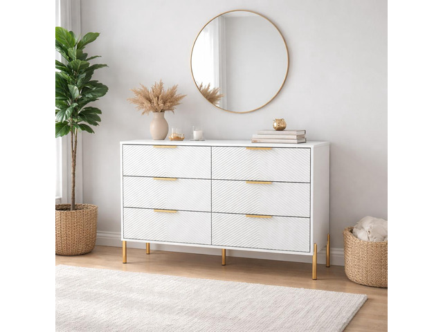 Modern 6-Drawer Dresser, Wide Wooden Chest of Drawers with Large Storage, Clothes Organizer Cabinet for Bedroom, Living Room, Hallway, Closet (White)