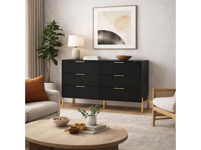 Modern 6-Drawer Dresser, Wide Wooden Chest of Drawers with Large Storage, Clothes Organizer Cabinet for Bedroom, Living Room, Hallway, Closet (Black)
