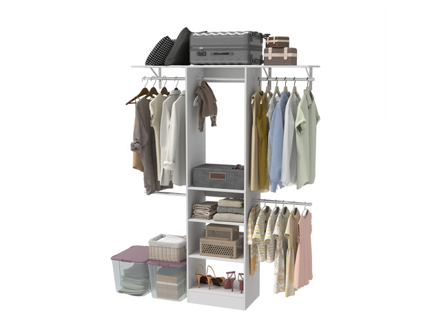 Closet System, Walk-In Organizer with Adjustable Shelves & 5 Expandable Rods, 3-5Ft, White