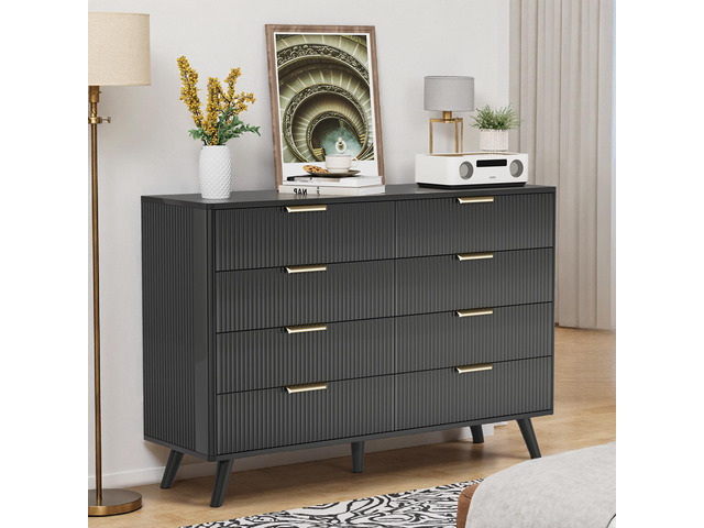 8 Drawer Dresser for Bedroom, Fluted Wooden Chest of Drawers for Children's Room, Nursery, Entrance, Black, 47.2'W x 15'D x 35.4'H