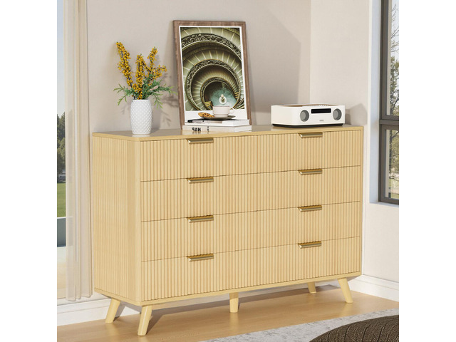 8 Drawer Dresser for Bedroom, Fluted Wooden Chest of Drawers for Children's Room, Nursery, Entrance, Natural, 47.2'W x 15'D x 35.4'H