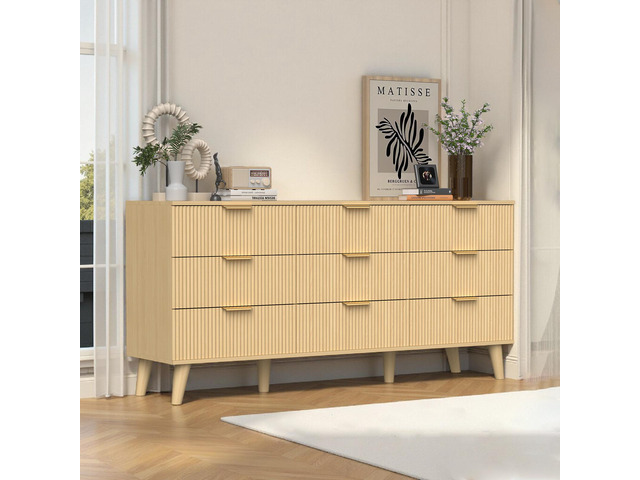 9 Drawer Dresser for Bedroom, Fluted Wooden Chest of Drawers for Children's Room, Nursery, Entrance, Natural, 63'W x 15.7'D x 29.5'H