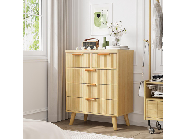 5 Drawer Dresser for Bedroom, Fluted Wooden Chest of Drawers for Children's Room, Nursery, Entrance, Natural, 26'W x 15'D x 33.5'H