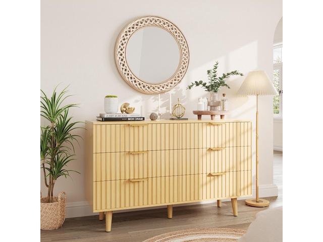6 Drawer Dresser for Bedroom, Fluted Wooden Chest of Drawers for Children's Room, Nursery, Entrance, Natural, 47.24'W x 14.96'D x 33.06'H