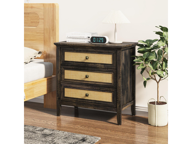 3 Drawer Dresser Rattan Dresser Wood Chest of Drawers Farmhouse Closet Dressers Modern Bedside Table Rustic Nightstand Storage Cabinet for Bedroom,...