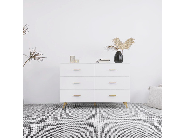 High Glossy Surface 6 Drawers Chest of Drawer with Golden Handle and Golden Steel Legs White Color Vanity