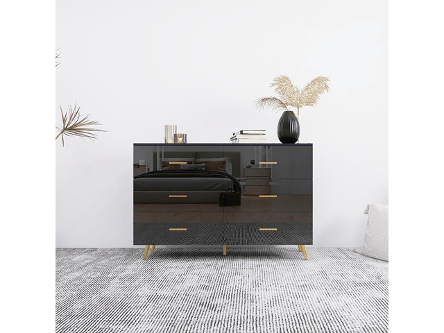 High Glossy Surface 6 Drawers Chest of Drawer with Golden Handle and Golden Steel Legs Black Color Vanity