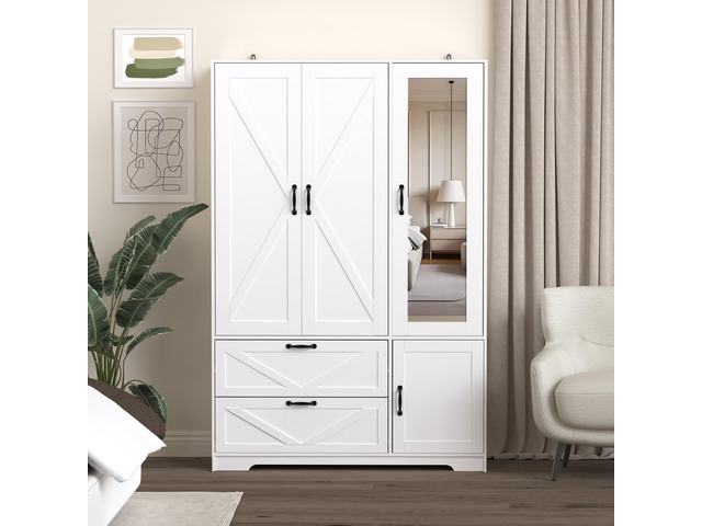 4 Doors Wardrobe Closet with Mirror, LED Wardrobe with Doors and 2 Drawers, Wooden Wardrobe Storage Cabinet with Hanging Rod, Adjustable Shelves,...