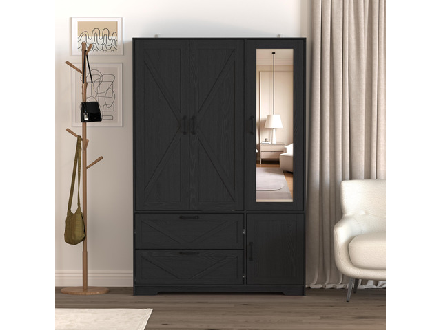 4 Doors Wardrobe Closet with Mirror, LED Wardrobe with Doors and 2 Drawers, Wooden Wardrobe Storage Cabinet with Hanging Rod, Adjustable Shelves,...